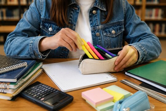 Person using denim jacket putting bright colored markers into a pencil case bag