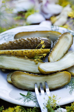 Close up of traditional pickled cucumbers, pickled using the natural fermentation method, on a plate
