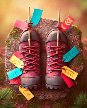 Hiking Boots with Colorful Wish Strips on Mossy Rock