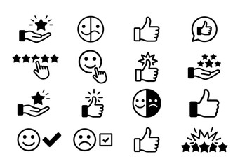 Fototapeta premium Set of feedback and rating icons, customer satisfaction, review, like, dislike, stars, smile and sad face