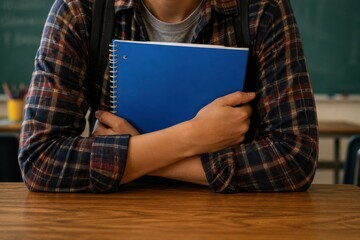 Fototapeta premium Student sitting at desk holding blue notebook against chest in classroom view