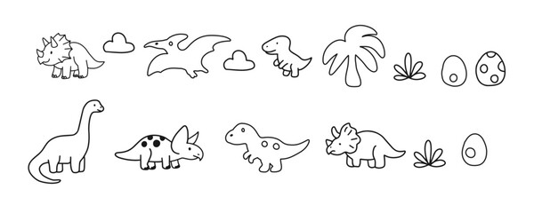 Set of handrawn prehistoric animal doodles element design. dinisaurus, t-rex, brontosaurus. coloring book © Griyolabs