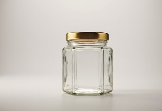 Clear glass hexagonal honey jar mockup with gold lid isolated on off white background, food container packaging