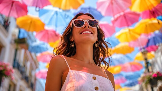 Happy woman smiling under colorful umbrellas at AgitAgueda Art Festival