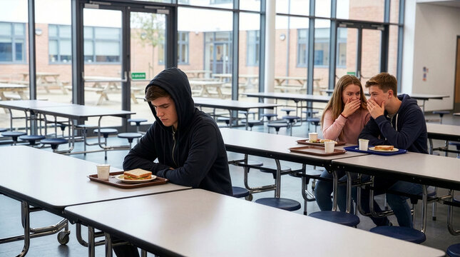 Sad Teenage Boy Being Gossiped About by Two Classmates in Empty School Cafeteria