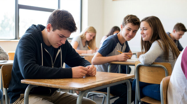 Depressed Teenage Boy Feeling Isolated and Ignored at Desk in Classroom