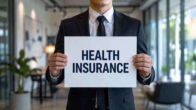 Professional businessman in dark suit holding white card with text Health Insurance. Corporate medical plan, healthcare coverage, financial protection, and employee benefit package concept.