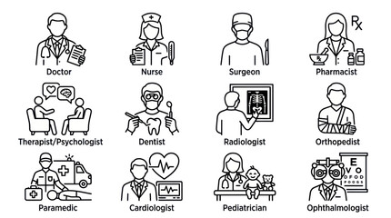 Fototapeta premium Labeled medical profession and specialist line icons