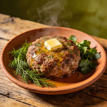 Top view of traditional Armenian Kufta on a rustic plate