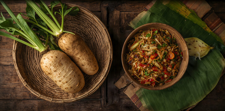 Freshly harvested taro and yam arranged beside simple island meal on woven basket