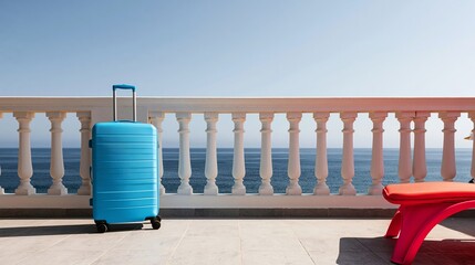 Obraz premium Luggage standing on a sunny balcony with an ocean view, a lounge chair nearby, inviting summer holidays and seaside escapes
