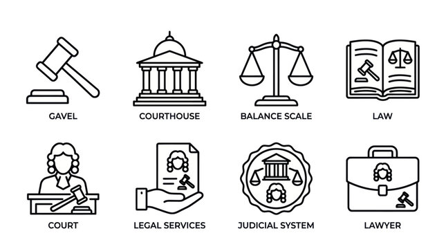 Legal justice and law system professional icon set.