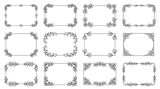 Set of hand drawn floral rectangular frames, decorative borders with leaves, flowers and branches
