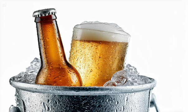 Isolated cold beers in ice bucket