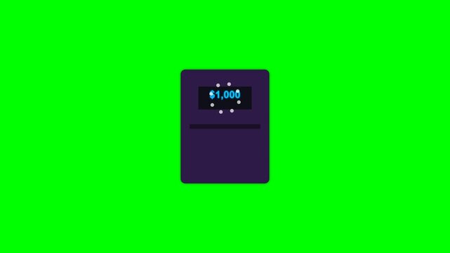 Animated payment card inserted into reader terminal with processing text on green screen