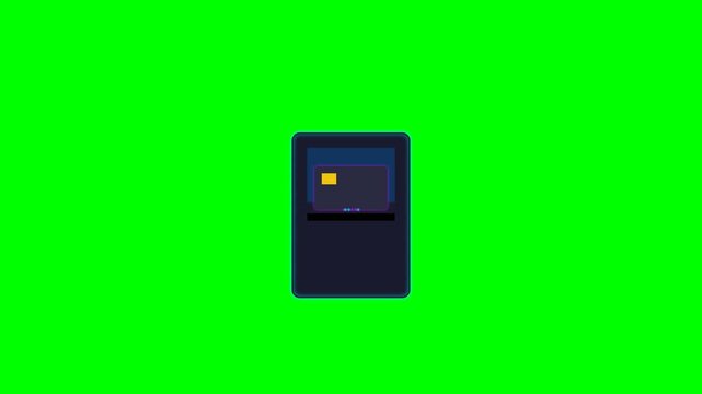Animation of a credit card inserting into a payment terminal on a green screen background.
