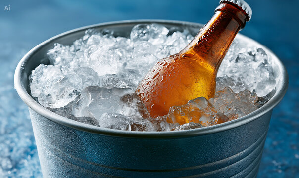 Cold beer bottle in ice bucket