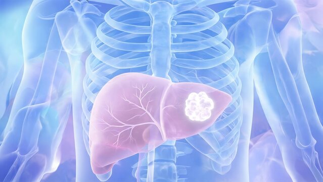 Medical anatomical diagram displaying malignant hepatic tumor lesion and liver cancer mass inside human liver, abdominal CT radiology artwork for hepatology oncology clinical diagnosis analysis