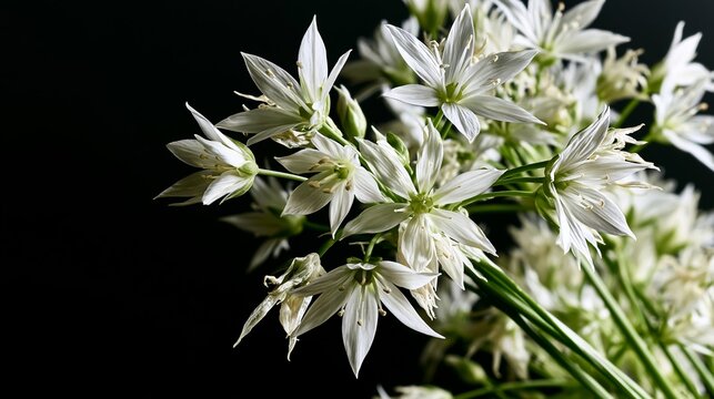 White flowering wild garlic Allium paradoxum against a dark background, highlighting botanical details and natural beauty