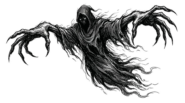 Dark hooded grim reaper wraith with reaching skeletal hands spooky phantom ghost specter hand drawn horror illustration graphic element
