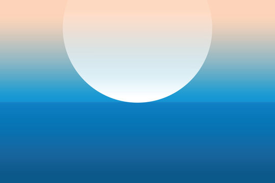 Minimalist half moon rising over calm ocean waters with gradient sky