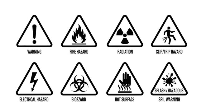 Comprehensive vector icon set featuring a range of triangular warning symbols to communicate potential dangers and ensure workplace safety compliance