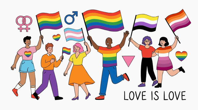 Diverse group of people celebrating LGBTQ pride with flags and symbols