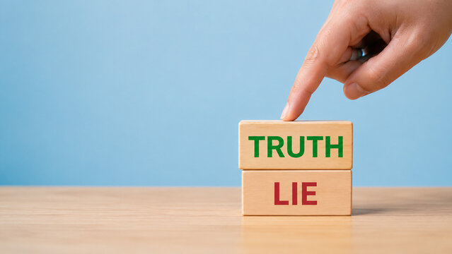 Hand pointing to wooden block with text truth on top of lie. Concept of honesty, ethics, trust, choices, and moral dilemma.