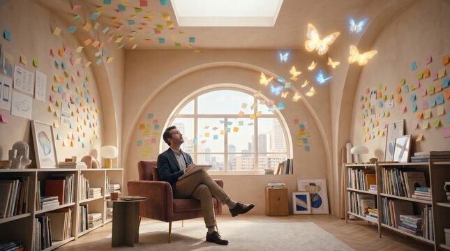 Kreativer Designer entwickelt neue Ideen im Inspirationsb&uuml;ro mit schwebenden Haftnotizen und Schmetterlingen