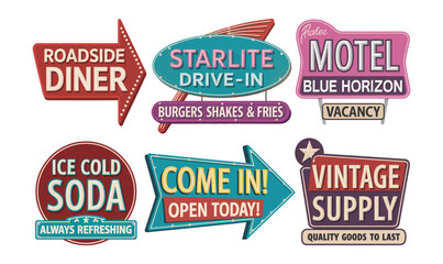 Obraz premium Vintage Roadside Diner and Motel Signage Vector Set for Retro Branding and Restaurant Decor