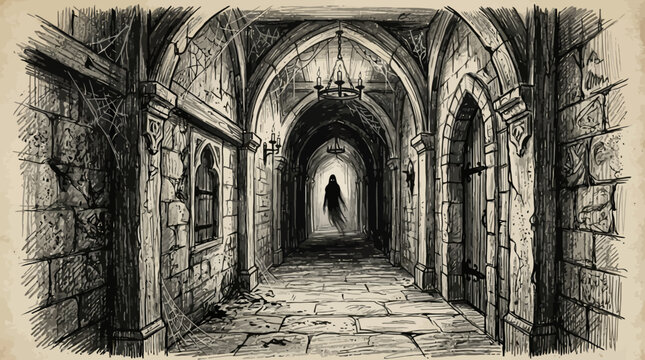 A chilling hand-drawn illustration of a mysterious shadowy figure at the end of a long, dark gothic hallway with arches, evoking a sense of foreboding and suspense