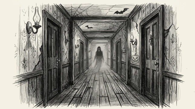 Monochrome illustration of a dilapidated and haunted hallway, with a ghostly figure ominously lurking in the distant shadows, evoking a chilling atmosphere of fear and suspense