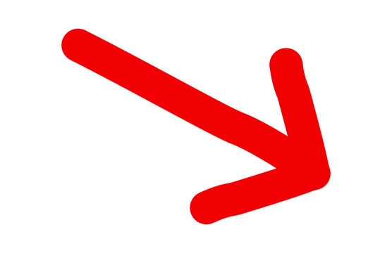 Red hand drawn arrow pointing down right. Marker doodle direction pointer isolated on transparent background, PNG