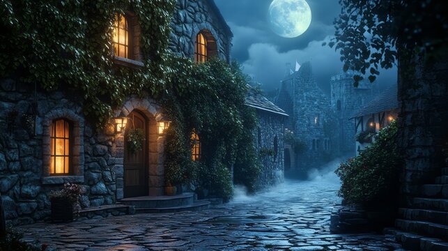 Charming forest village at night with full moon above stone street warm window lights and misty trees creating realistic fairy tale atmosphere peaceful rural travel scene mystery and cinematic silence