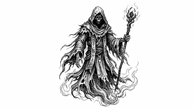 Mysterious hooded figure, an ancient sorcerer or spectral wizard, wielding a glowing magical staff in a gothic fantasy illustration, embodying dark power and ethereal doom