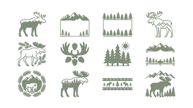 Forest Animal Mountain Nature Vector Graphics Set Moose Trees Deer