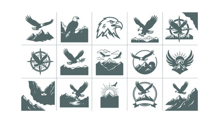 Obraz premium Eagle Mountain Vector Icons Collection Majestic Birds of Prey and Wilderness Symbols