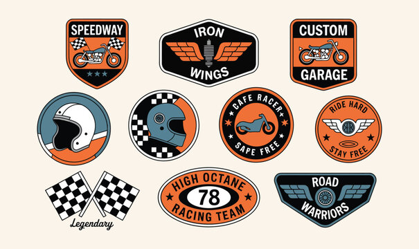 Retro Motorcycle Biker Badges Vintage Vector Illustration for Apparel Branding and Garage Signs