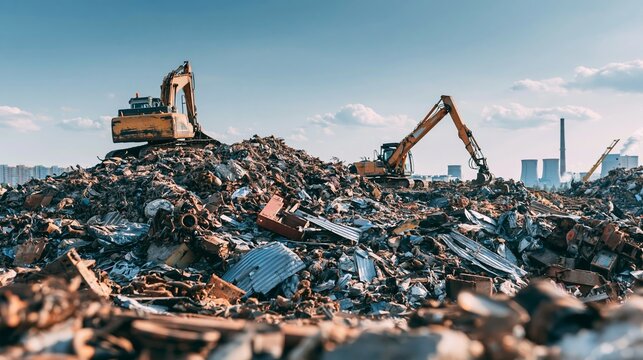 Excavators working on a massive scrapyard pile, recycling metal waste and discarded machinery, industrial environment