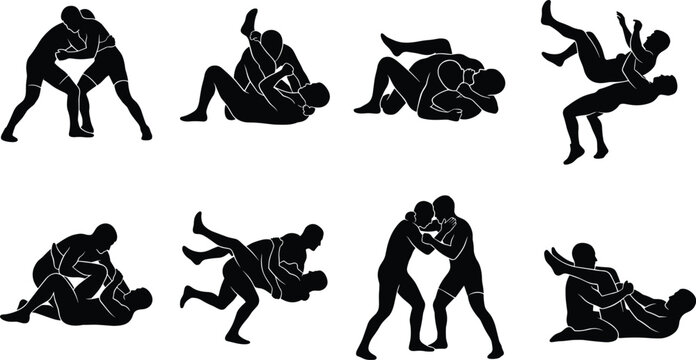 Martial arts grappling and wrestling silhouette icons set featuring combat sports fighters in submission positions