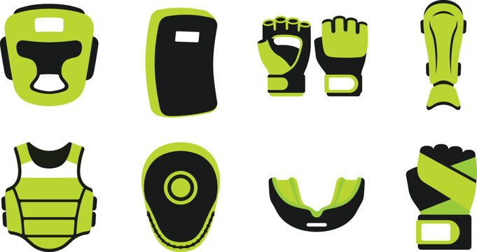Martial arts protective gear and training equipment icons set featuring boxing gloves helmet and body guard vector illustration