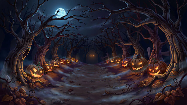 Spooky halloween path through dark forest with glowing carved pumpkins at night