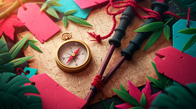 Camping Compass on Map with Bamboo and Colorful Travel Tags