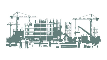 Obraz premium Construction Site with Cranes and Workers Building a Modern Structure