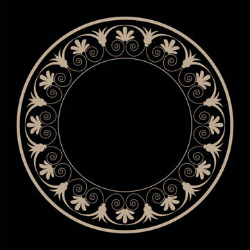 Oriental vector round frame with arabesques and floral elements. Abstract golden ornament. Round ornament meander frame plate. Greek key. Typical egyptian, assyrian, greek motives circle border.