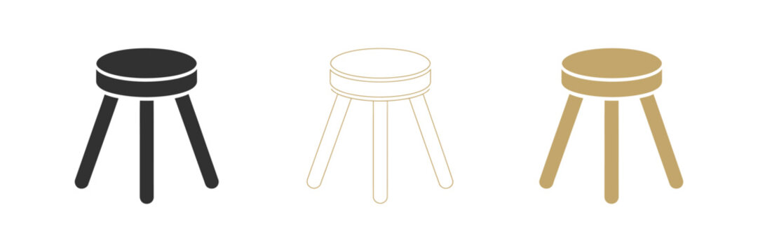 Stool icon set, vector illustration featuring three-legged furniture symbols, minimal seating design, isolated on transparent background, home and interior furniture concept elements.