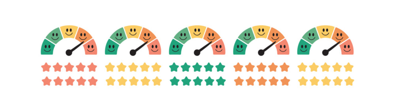 rating scale icon collection with customer feedback emojis, star ratings, satisfaction meter and user review symbols for web and mobile