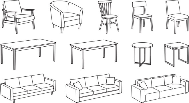 Set of hand drawn furniture icons including sofas chairs and tables for interior design and home decor