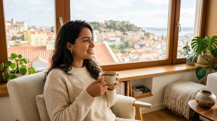 Naklejka premium Woman enjoying a warm beverage while looking out at a scenic city view