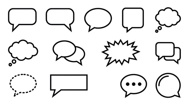 Set of various minimalist outline speech and thought bubbles